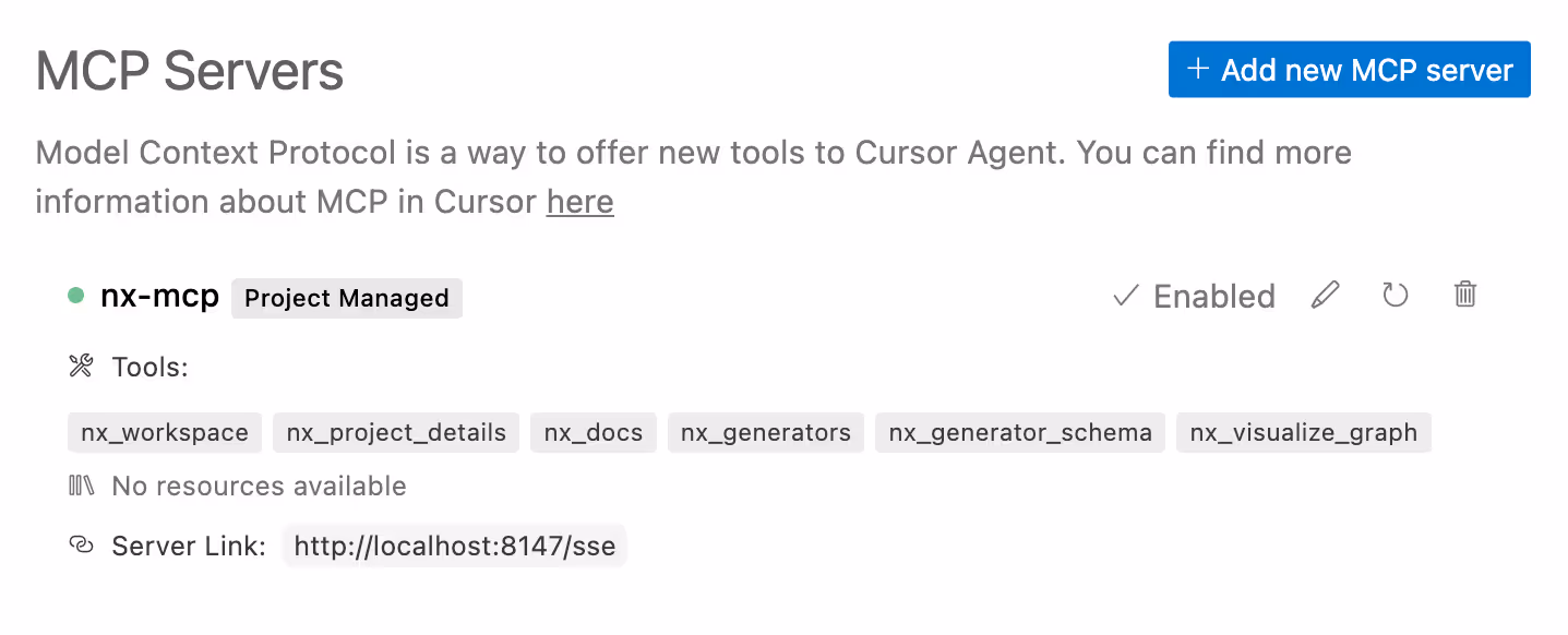 Screenshot of the Cursor MCP settings page